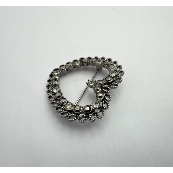 Vintage 1970s Victorian Revival Heart Brooch Pin Pewter Tone Rhinestone Jewelry - Picture 2 of 8